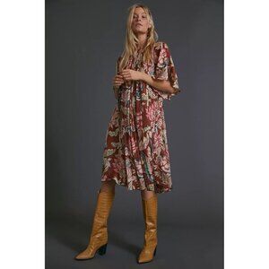 Anthropologie Mini dress Leandra Pleated foil brown motif floral Women's Medium